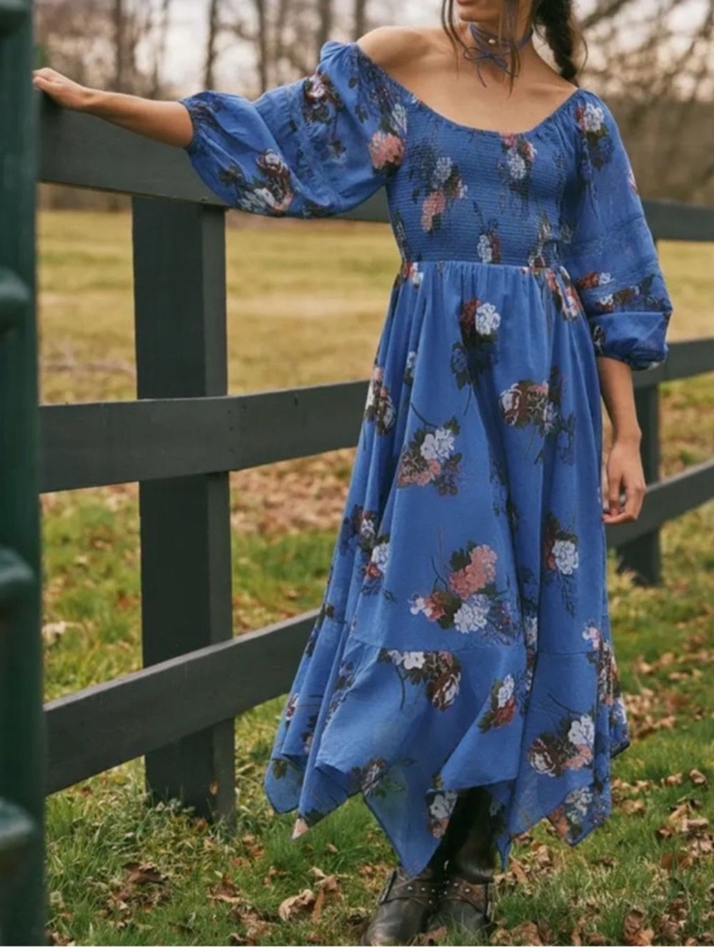 FREE PEOPLE Morning Glory Maxi Dress Dutch Blue Floral Boho XS Oversized New